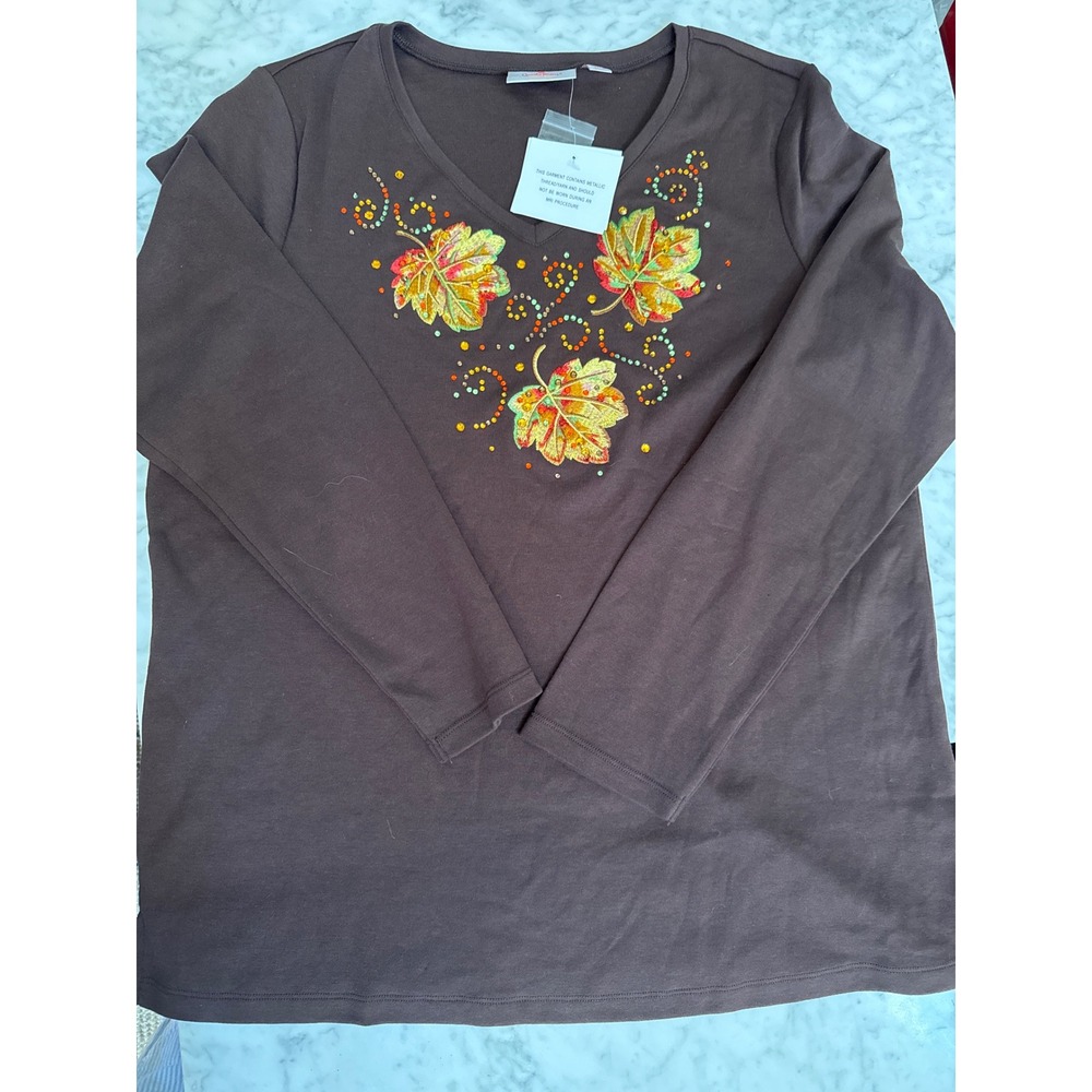 Quacker Factory Brown Embroidered Autumn Leaves Rhinestone V-Neck Top NWT